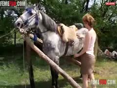 Curvy amateur milf rubs against a nice horse and takes off her clothes to get cock in pussy